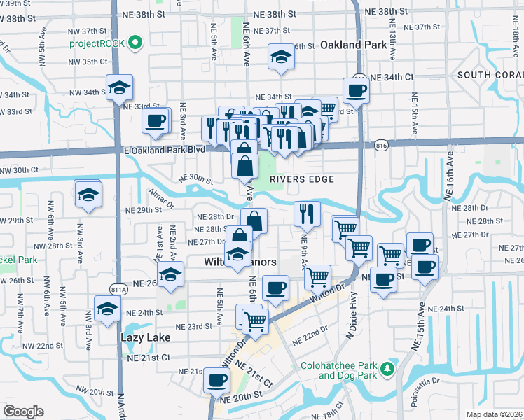 map of restaurants, bars, coffee shops, grocery stores, and more near 608 Northeast 29th Drive in Wilton Manors