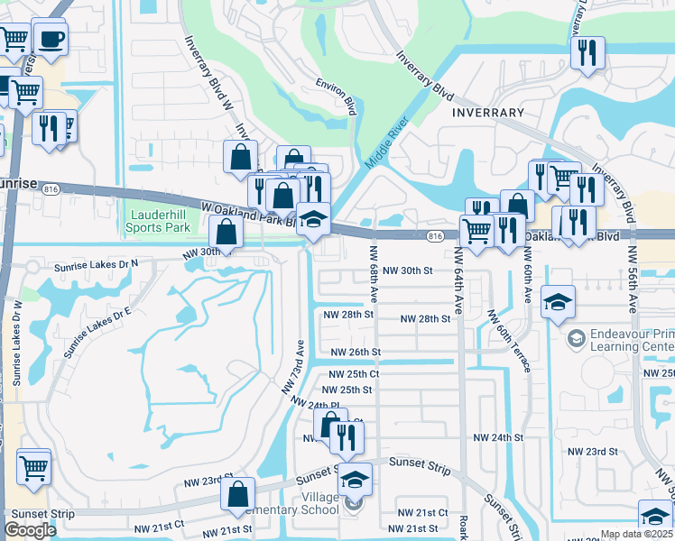 map of restaurants, bars, coffee shops, grocery stores, and more near 2970 Northwest 68th Way in Sunrise