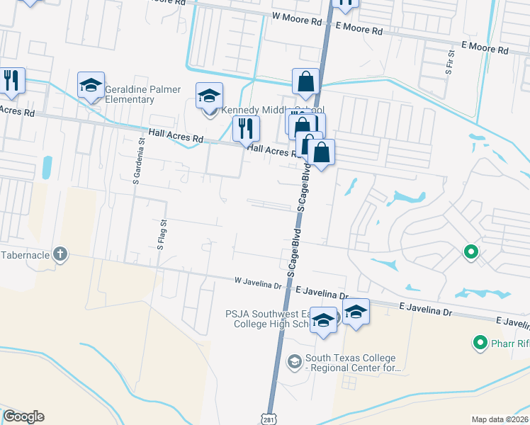 map of restaurants, bars, coffee shops, grocery stores, and more near 2816 South Cage Boulevard in Pharr