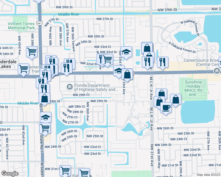 map of restaurants, bars, coffee shops, grocery stores, and more near 3380 Northwest 30th Street in Lauderdale Lakes