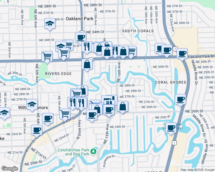 map of restaurants, bars, coffee shops, grocery stores, and more near 2756 Northeast 14th Avenue in Oakland Park
