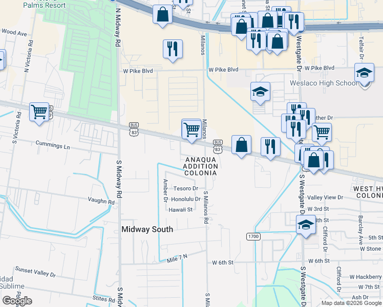 map of restaurants, bars, coffee shops, grocery stores, and more near 206 Meadow Lark Circle in Weslaco