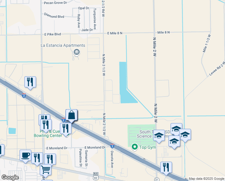 map of restaurants, bars, coffee shops, grocery stores, and more near La Herencia Drive in Weslaco