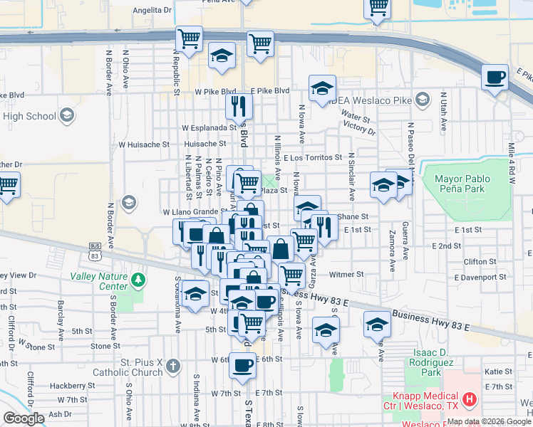 map of restaurants, bars, coffee shops, grocery stores, and more near 116 North Kansas Avenue in Weslaco