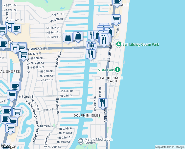 map of restaurants, bars, coffee shops, grocery stores, and more near 20 Northeast 28th Street in Fort Lauderdale