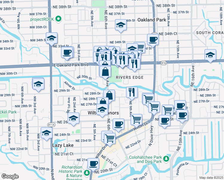 map of restaurants, bars, coffee shops, grocery stores, and more near 608 Northeast 29th Drive in Wilton Manors