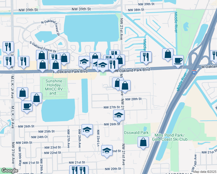 map of restaurants, bars, coffee shops, grocery stores, and more near 2319 Northwest 29th Street in Oakland Park