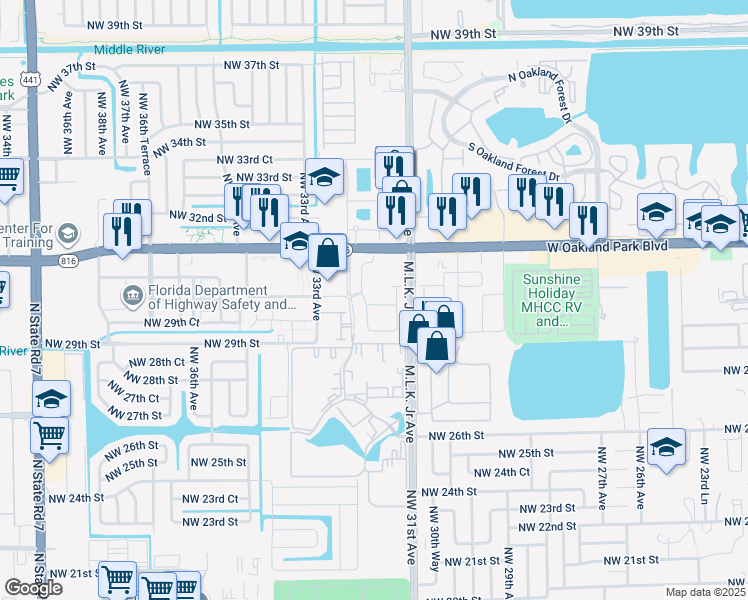 map of restaurants, bars, coffee shops, grocery stores, and more near 3200 Northwest 31st Terrace in Lauderdale Lakes