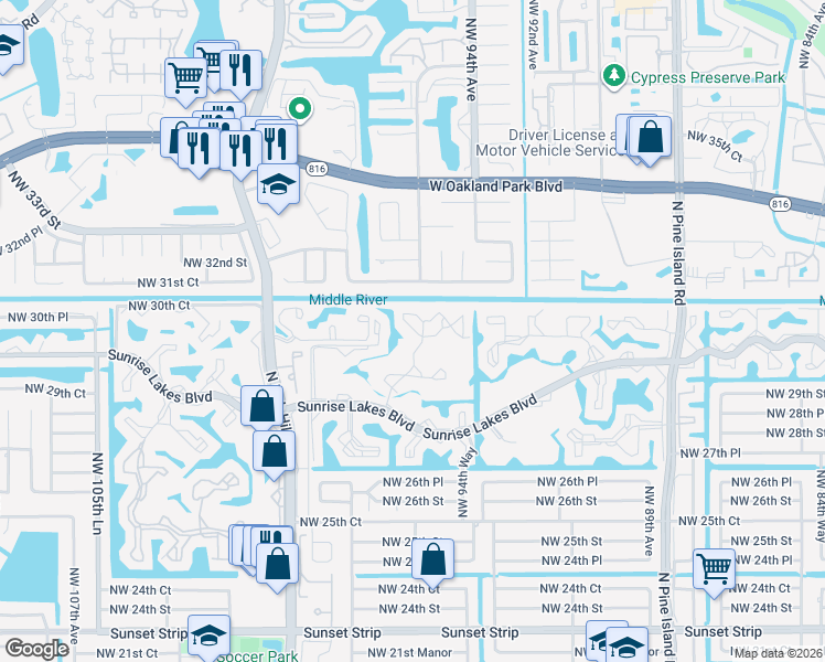 map of restaurants, bars, coffee shops, grocery stores, and more near 9701 Sunrise Lakes Boulevard in Sunrise