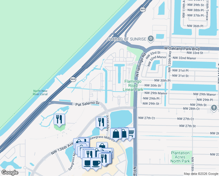 map of restaurants, bars, coffee shops, grocery stores, and more near 3040 Northwest 126th Avenue in Sunrise