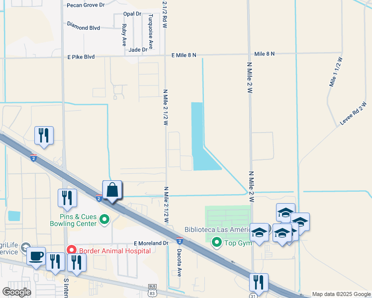 map of restaurants, bars, coffee shops, grocery stores, and more near 100 La Herencia Drive in Mercedes