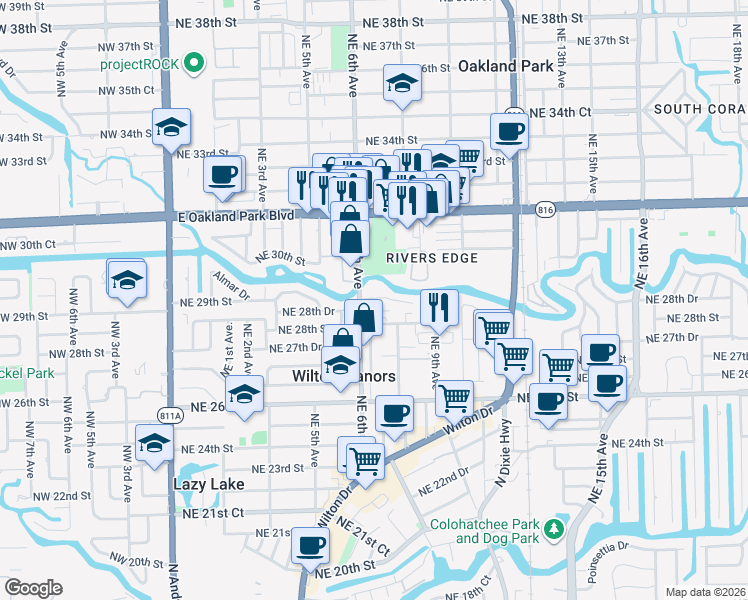 map of restaurants, bars, coffee shops, grocery stores, and more near 608 Northeast 29th Drive in Wilton Manors