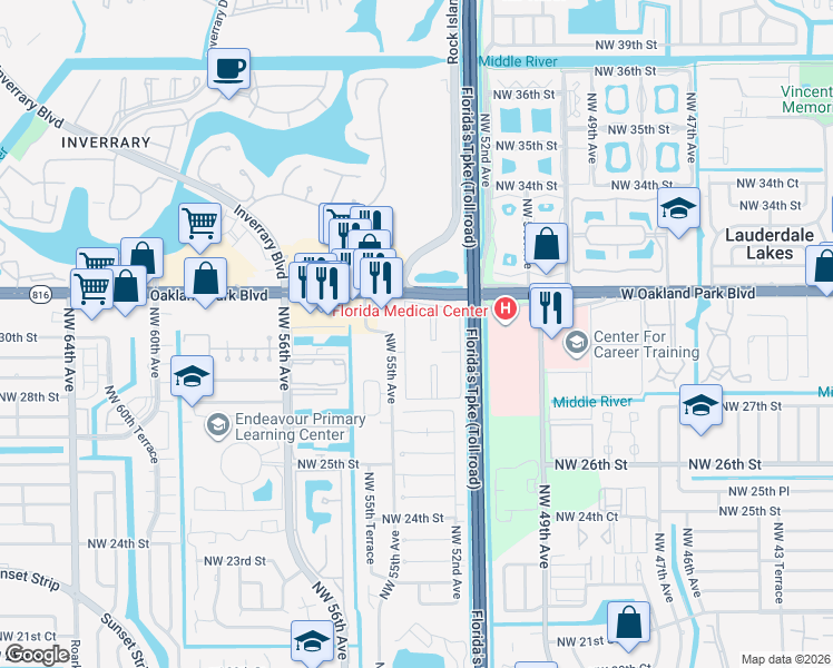 map of restaurants, bars, coffee shops, grocery stores, and more near 2982 Northwest 55th Avenue in Lauderhill