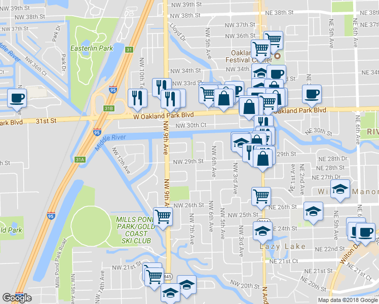 map of restaurants, bars, coffee shops, grocery stores, and more near 2924 Northwest 8th Avenue in Wilton Manors