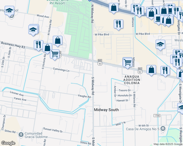 map of restaurants, bars, coffee shops, grocery stores, and more near 365 Cummings Road in Donna