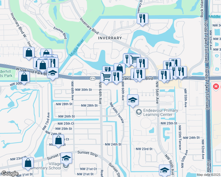 map of restaurants, bars, coffee shops, grocery stores, and more near 6244 Northwest 60th Terrace in Sunrise