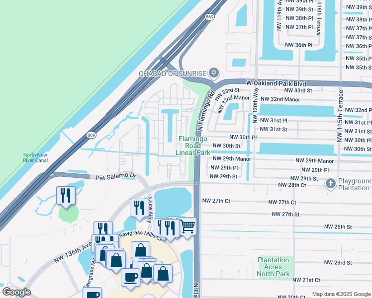 map of restaurants, bars, coffee shops, grocery stores, and more near 3041 Northwest 125th Way in Sunrise