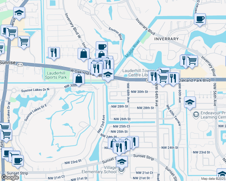 map of restaurants, bars, coffee shops, grocery stores, and more near 2970 Northwest 68th Way in Sunrise
