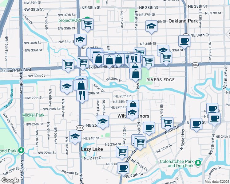 map of restaurants, bars, coffee shops, grocery stores, and more near 332 Northeast 29th Street in Wilton Manors