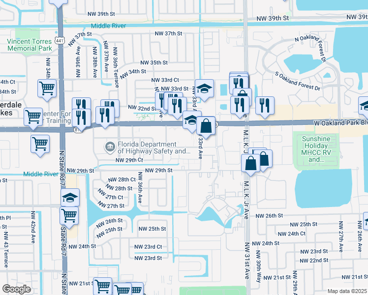 map of restaurants, bars, coffee shops, grocery stores, and more near 2975 Northwest 33Rd Way in Lauderdale Lakes