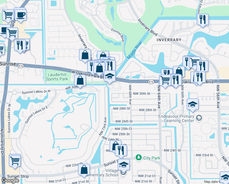 map of restaurants, bars, coffee shops, grocery stores, and more near 2970 Northwest 68th Way in Sunrise
