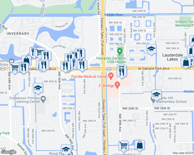 map of restaurants, bars, coffee shops, grocery stores, and more near 2982 Northwest 55th Avenue in Lauderhill