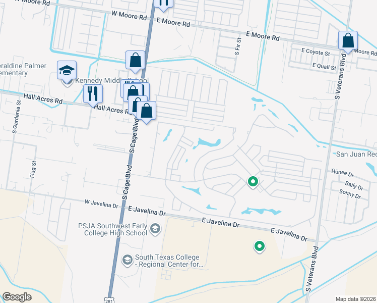 map of restaurants, bars, coffee shops, grocery stores, and more near 2701 Ashley Court in Pharr
