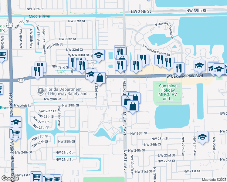 map of restaurants, bars, coffee shops, grocery stores, and more near 3200 Northwest 31st Terrace in Lauderdale Lakes
