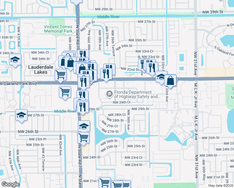 map of restaurants, bars, coffee shops, grocery stores, and more near 2995 Northwest 36th Avenue in Lauderdale Lakes
