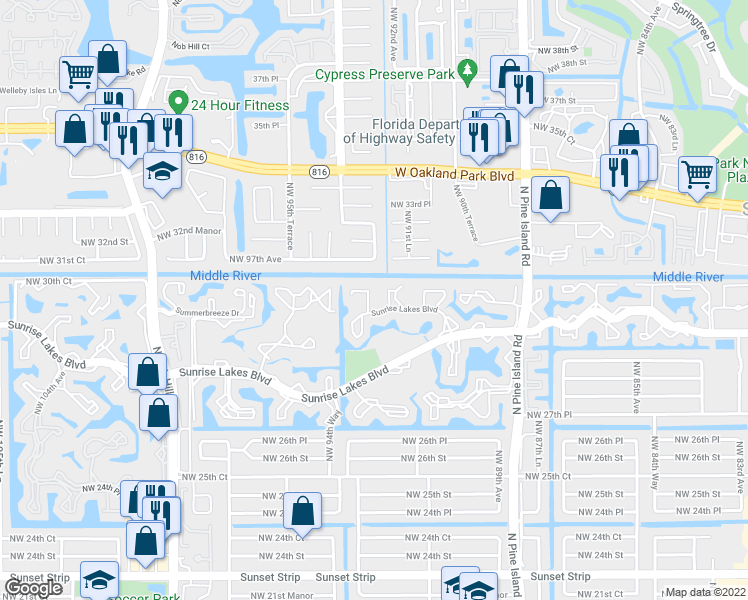 map of restaurants, bars, coffee shops, grocery stores, and more near 9101 Sunrise Lakes Boulevard in Sunrise