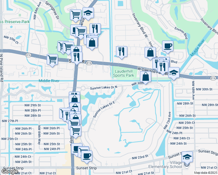 map of restaurants, bars, coffee shops, grocery stores, and more near 7796 Sunrise Lakes Drive North in Sunrise