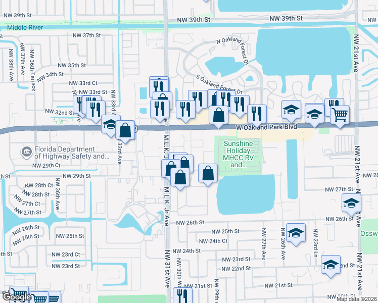 map of restaurants, bars, coffee shops, grocery stores, and more near 3006 Northwest 30th Terrace in Fort Lauderdale