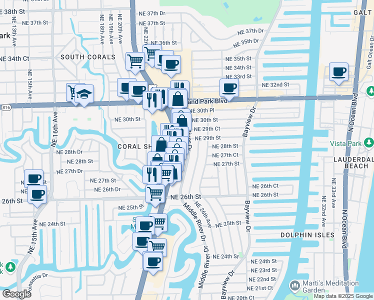 map of restaurants, bars, coffee shops, grocery stores, and more near 2701 Middle River Drive in Fort Lauderdale