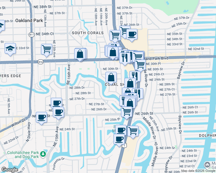 map of restaurants, bars, coffee shops, grocery stores, and more near 1949 Coral Gardens Drive in Wilton Manors
