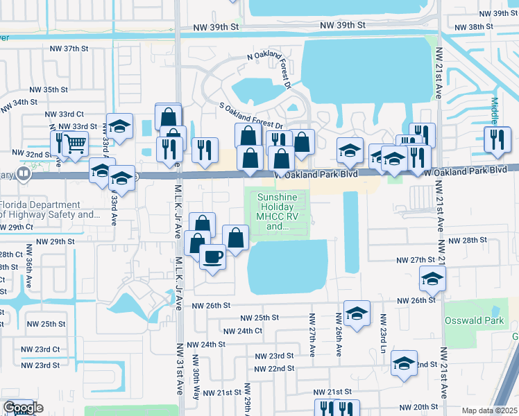 map of restaurants, bars, coffee shops, grocery stores, and more near 2919 Northwest 28th Lane in Oakland Park
