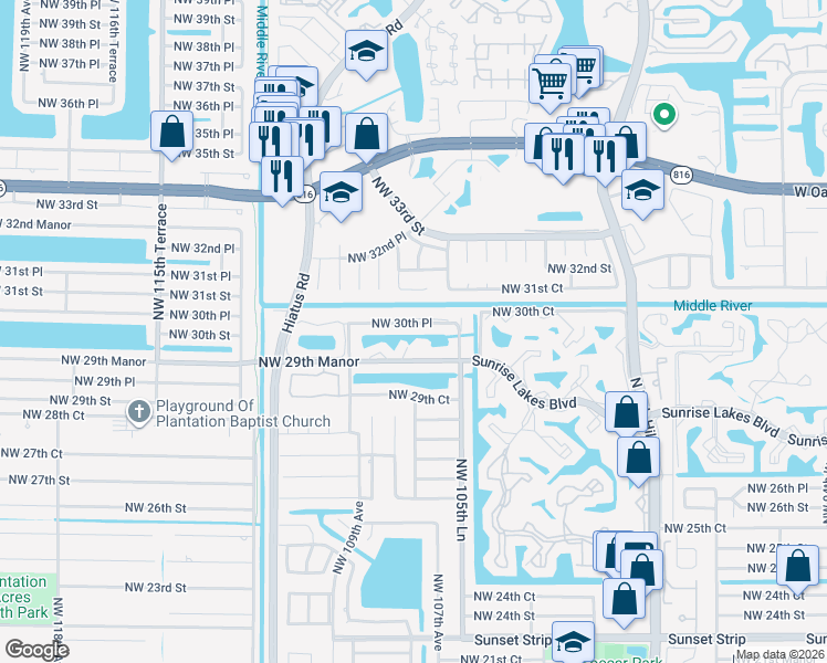 map of restaurants, bars, coffee shops, grocery stores, and more near 10725 Northwest 29th Manor in Sunrise