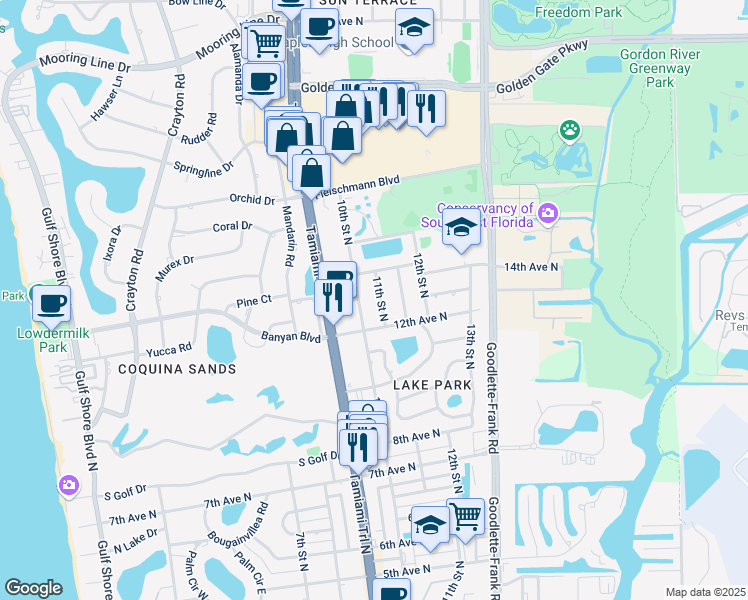 map of restaurants, bars, coffee shops, grocery stores, and more near 1262 10th Street North in Naples