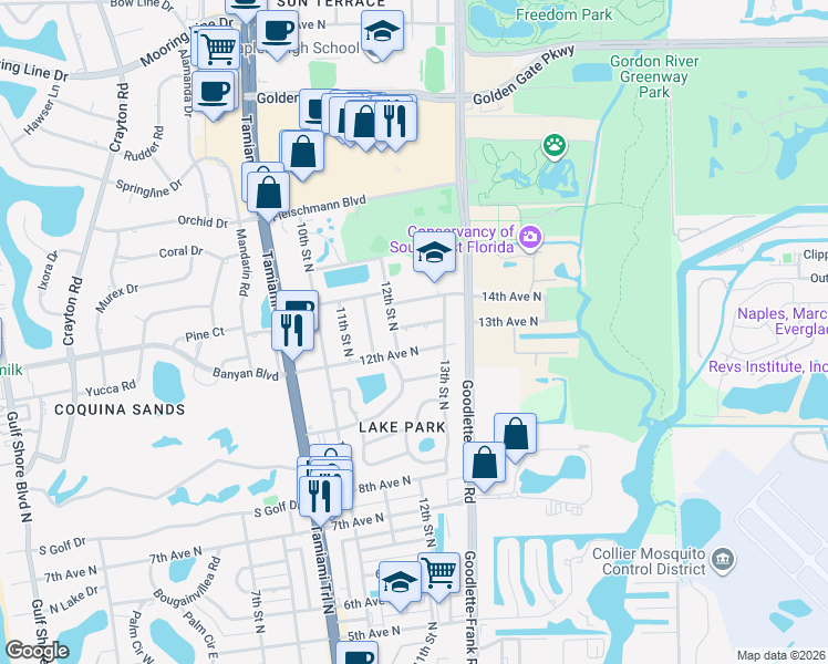 map of restaurants, bars, coffee shops, grocery stores, and more near 1227 12th Avenue North in Naples