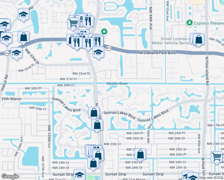 map of restaurants, bars, coffee shops, grocery stores, and more near 516 Summerbreeze Drive in Sunrise