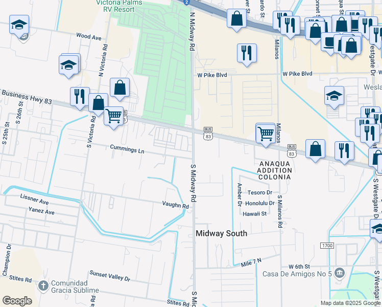 map of restaurants, bars, coffee shops, grocery stores, and more near 365 Cummings Road in Donna