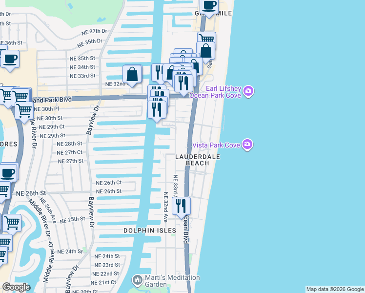 map of restaurants, bars, coffee shops, grocery stores, and more near 2915 North Ocean Boulevard in Fort Lauderdale