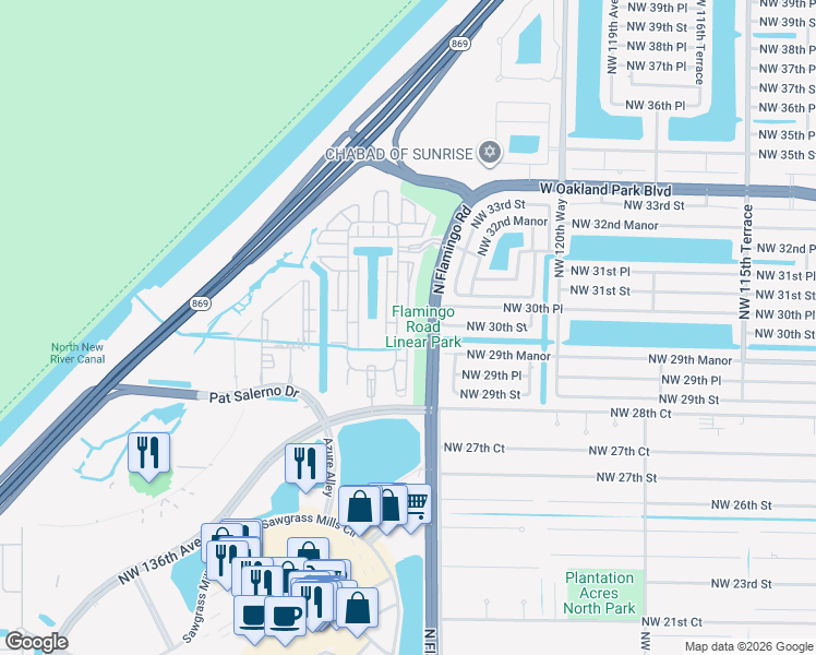 map of restaurants, bars, coffee shops, grocery stores, and more near 3020 Northwest 125th Avenue in Sunrise