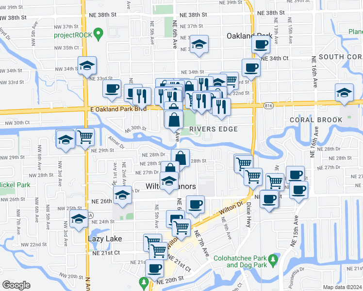map of restaurants, bars, coffee shops, grocery stores, and more near 608 Northeast 29th Drive in Wilton Manors