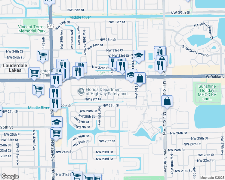 map of restaurants, bars, coffee shops, grocery stores, and more near 2998 Northwest 30th Street in Lauderdale Lakes