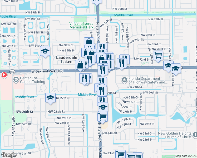 map of restaurants, bars, coffee shops, grocery stores, and more near 3001 North State Road 7 in Lauderdale Lakes