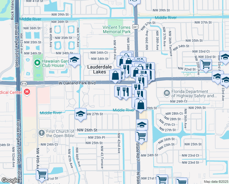 map of restaurants, bars, coffee shops, grocery stores, and more near 2980 Northwest 43 Terrace in Lauderdale Lakes