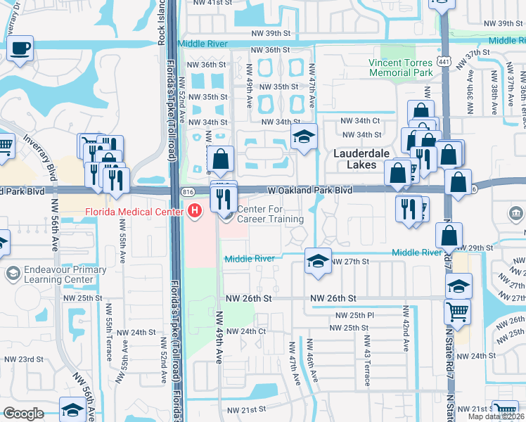 map of restaurants, bars, coffee shops, grocery stores, and more near 527 Northwest 30th Street in Lauderdale Lakes