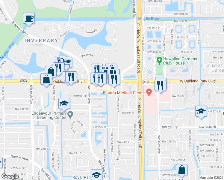 map of restaurants, bars, coffee shops, grocery stores, and more near 2992 Northwest 55th Avenue in Lauderhill