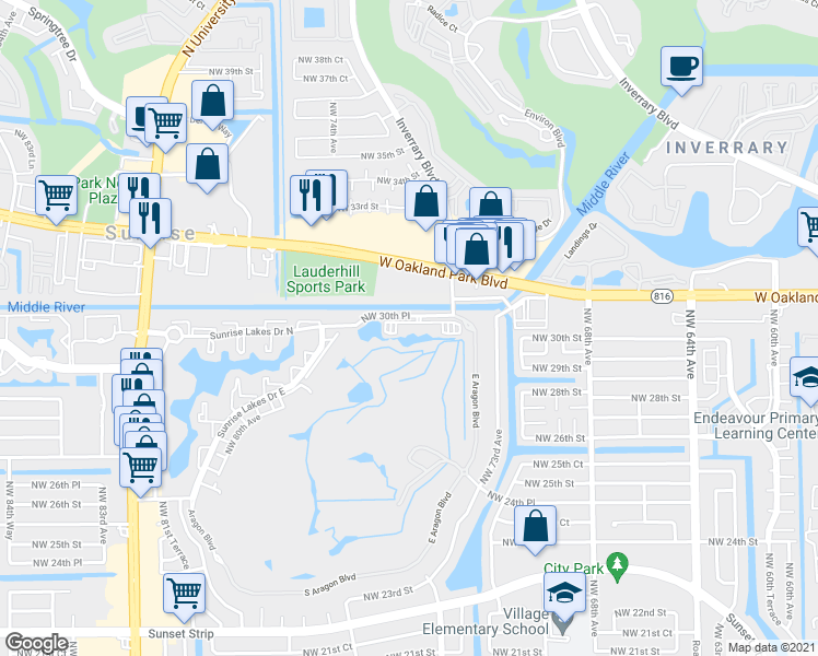 map of restaurants, bars, coffee shops, grocery stores, and more near 7300 Northwest 30th Place in Sunrise