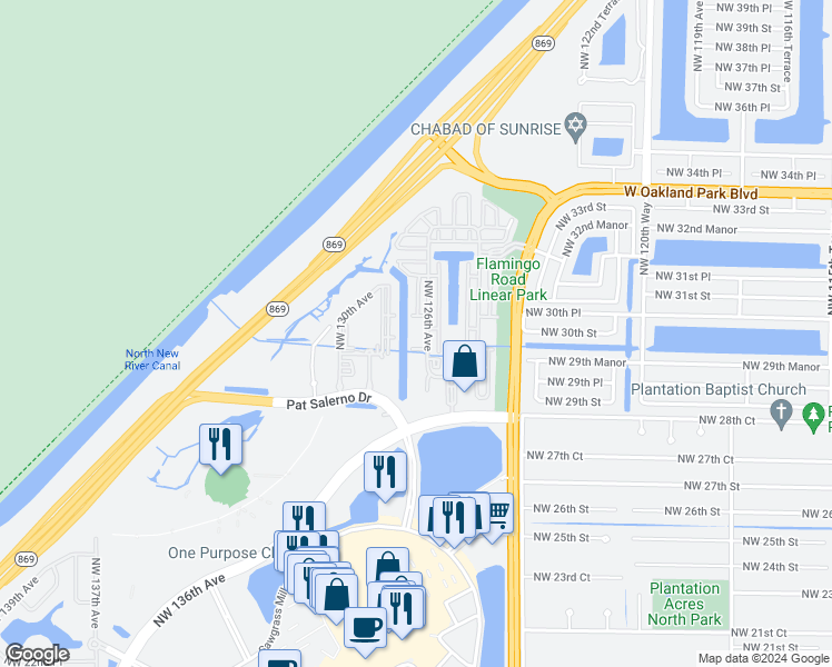map of restaurants, bars, coffee shops, grocery stores, and more near 3040 Northwest 126th Avenue in Sunrise